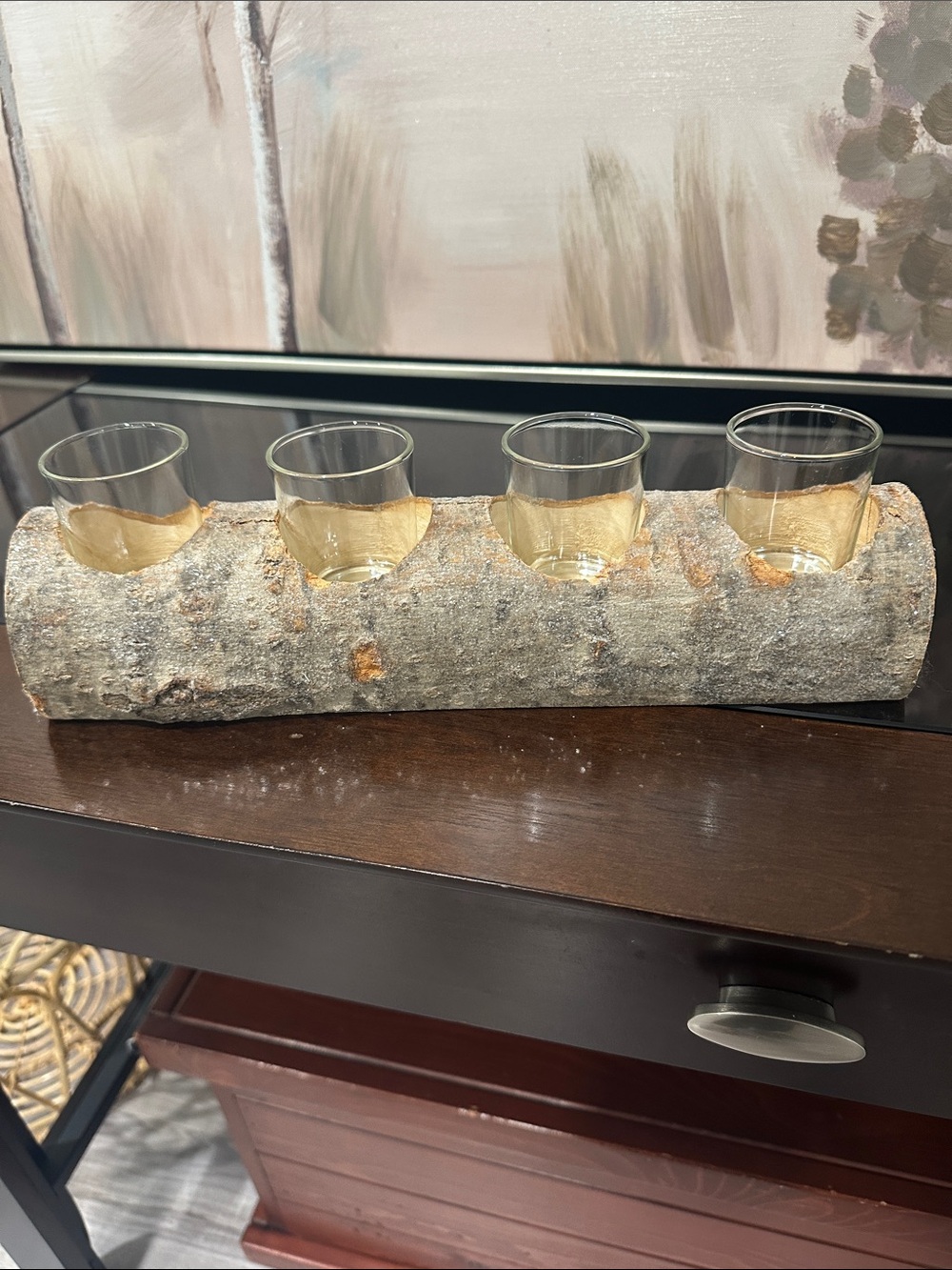 Urban Barn Rustic Soarkly Birch Log Votive Holder with 4 Glass Cups.